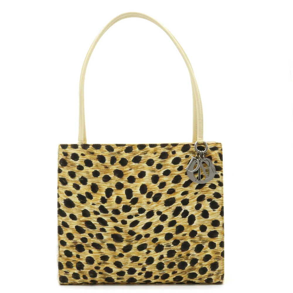 Christian Dior Tote Bag Shoulder Canvas Enamel Leather Leopard Beige Cream